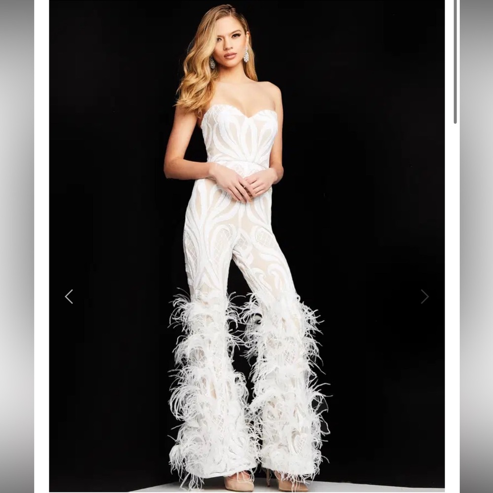 Jovani White Strapless Jumpsuit with Feather Detailing